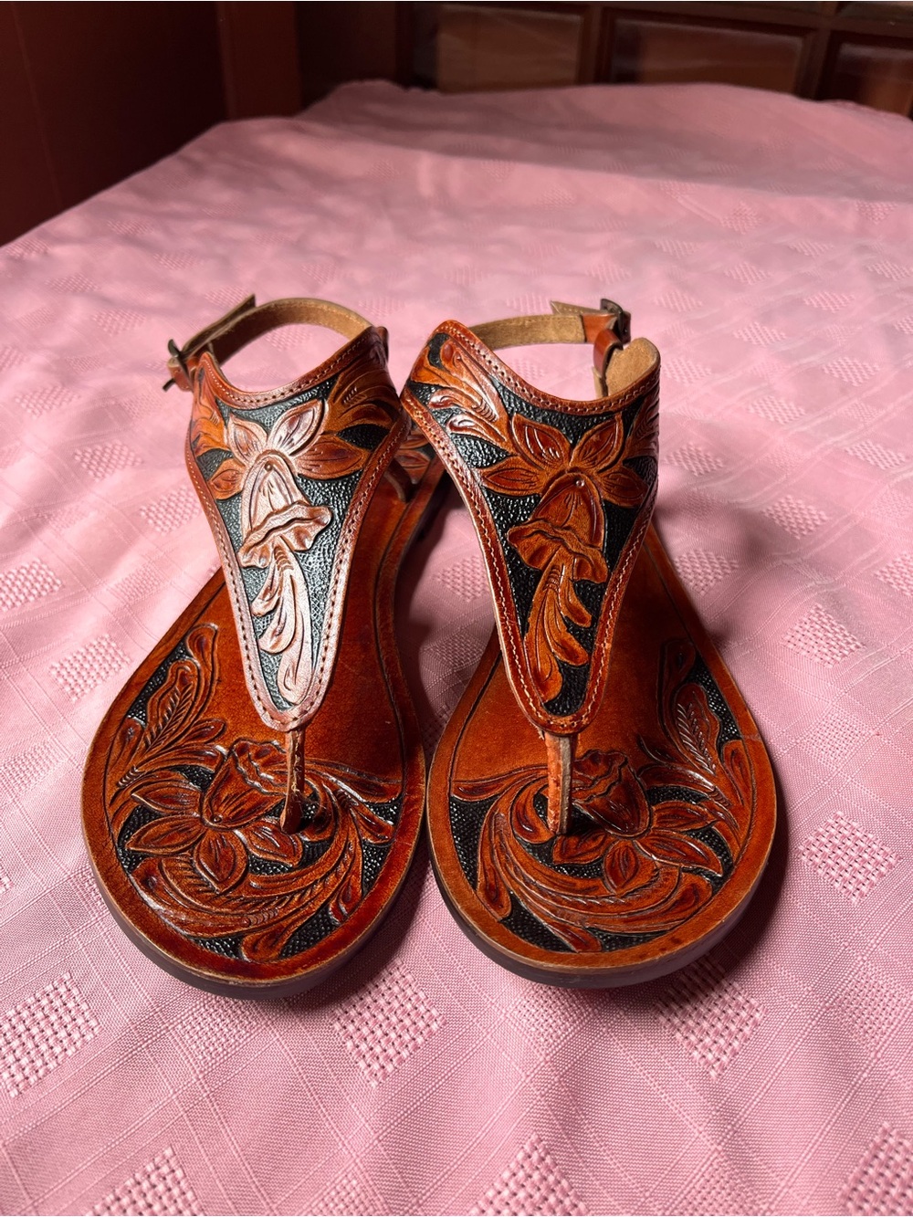 Hand-Tooled Brown Leather T-Strap Sandals